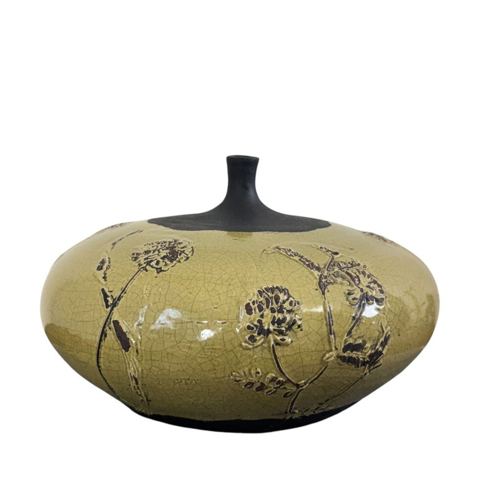 Vintage Unique Raku Pottery Vase with Intricate Crackle Flower Pattern Handmade - Picture 2 of 10